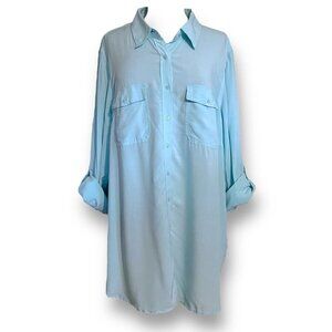 Talbots Womens Blouse Plus Sz 2X Blue Button Up Roll Tan Sleeve Shirt Top Preppy